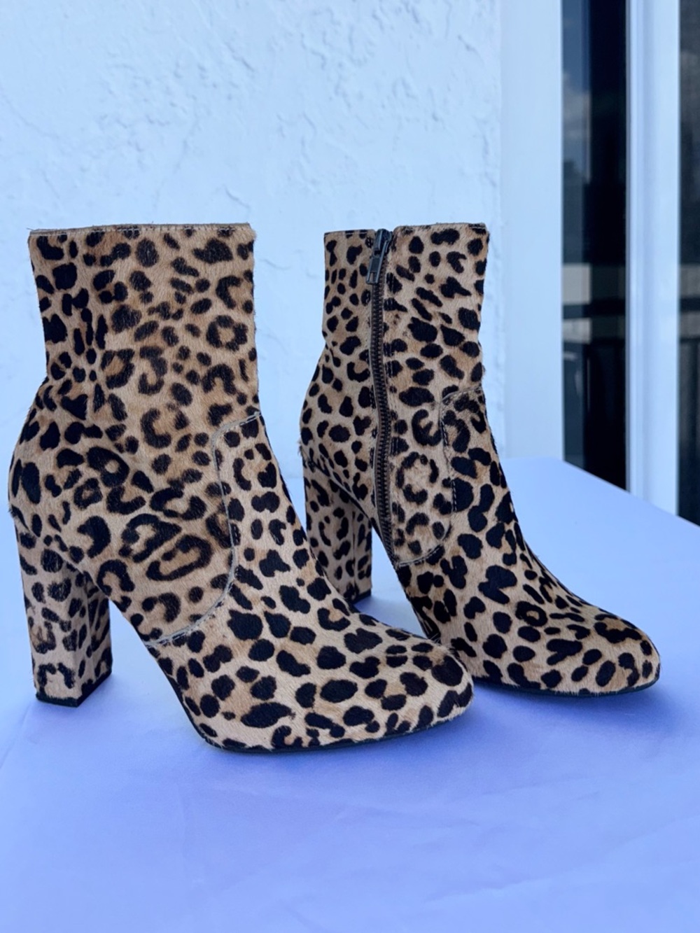 Natural Leopard Print Block Heel Ankle Boots - Women's Tan/Black US 6